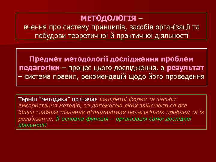 МЕТОДОЛОГІЯ – вчення про систему принципів, засобів організації та побудови теоретичної й практичної діяльності