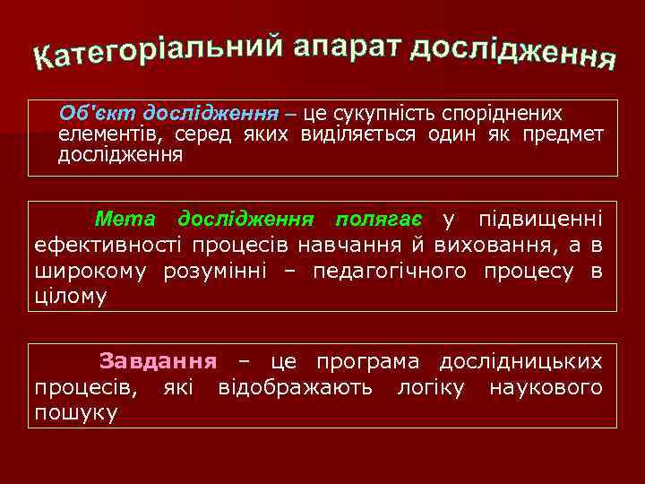 Об'єкт дослідження – це сукупність споріднених елементів, серед яких виділяється один як предмет дослідження