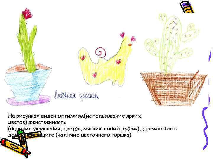 На рисунках виден оптимизм(использование ярких цветов), женственность (наличие украшения, цветов, мягких линий, форм), стремление