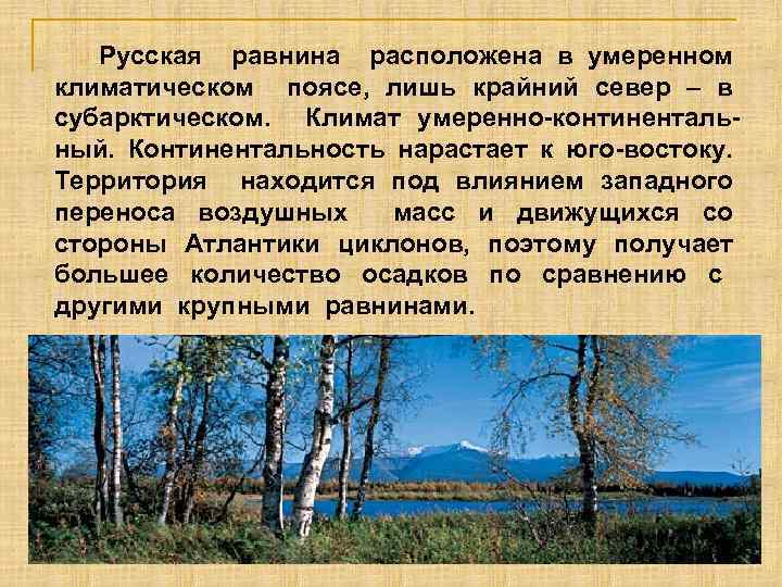  Русская равнина расположена в умеренном климатическом поясе, лишь крайний север – в субарктическом.