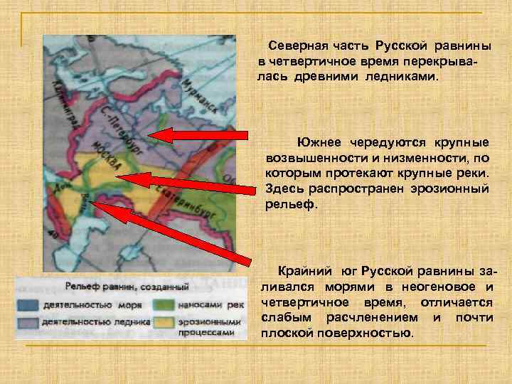  Северная часть Русской равнины в четвертичное время перекрывалась древними ледниками. Южнее чередуются крупные