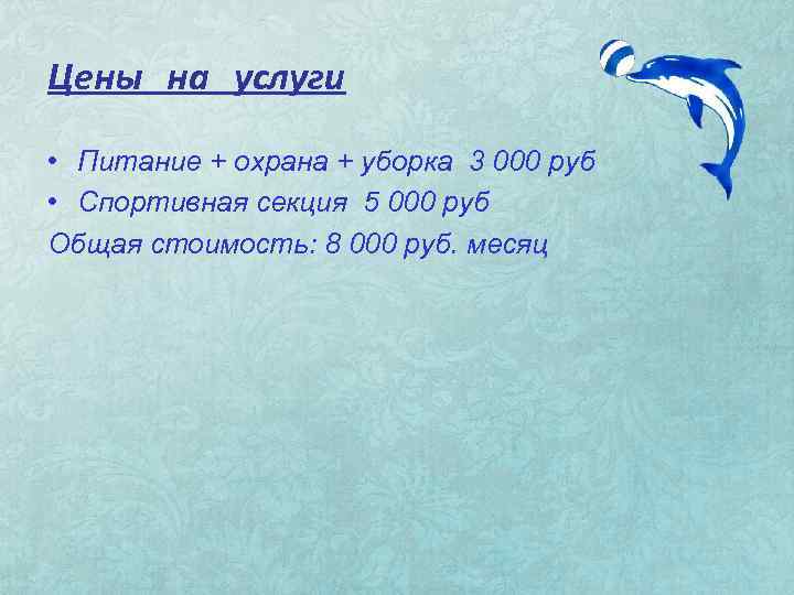 Цены на услуги • Питание + охрана + уборка 3 000 руб • Спортивная