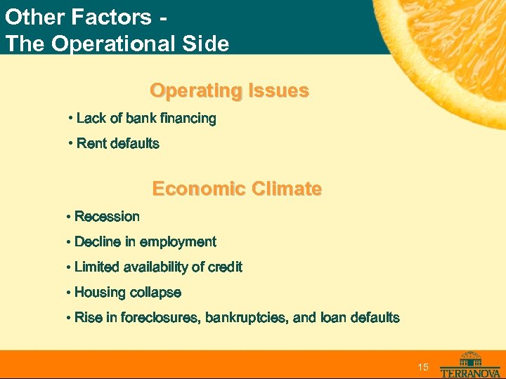 Other Factors The Operational Side Operating Issues • Lack of bank financing • Rent