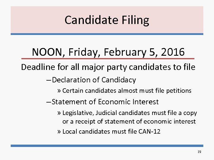 Candidate Filing NOON, Friday, February 5, 2016 Deadline for all major party candidates to