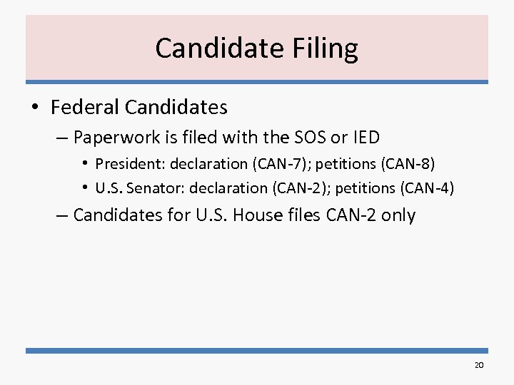 Candidate Filing • Federal Candidates – Paperwork is filed with the SOS or IED