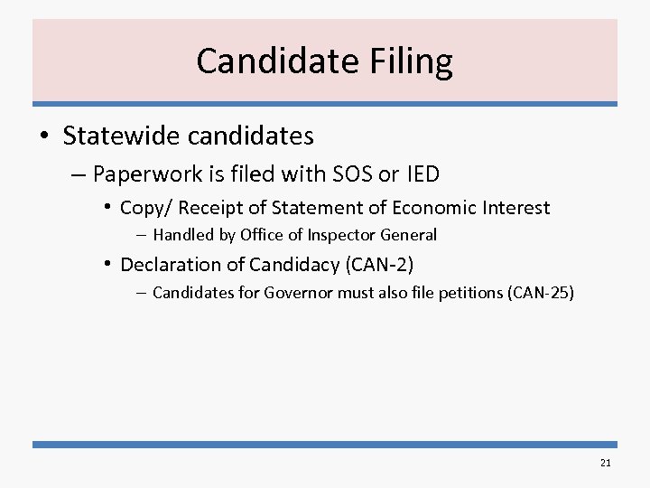 Candidate Filing • Statewide candidates – Paperwork is filed with SOS or IED •