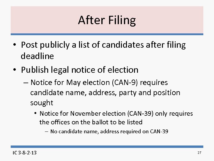 After Filing • Post publicly a list of candidates after filing deadline • Publish