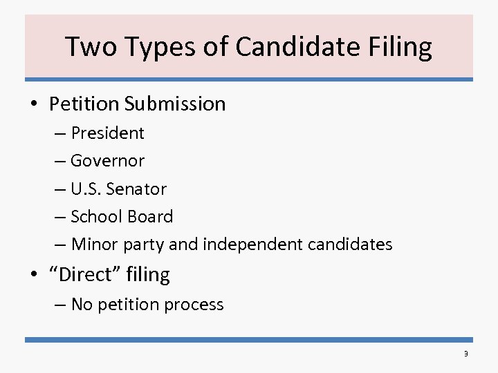 Two Types of Candidate Filing • Petition Submission – President – Governor – U.