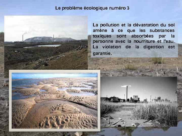 Le problème écologique numéro 3 La pollution et la dévastation du sol amène à