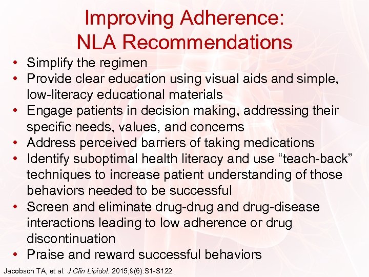 Improving Adherence: NLA Recommendations • Simplify the regimen • Provide clear education using visual