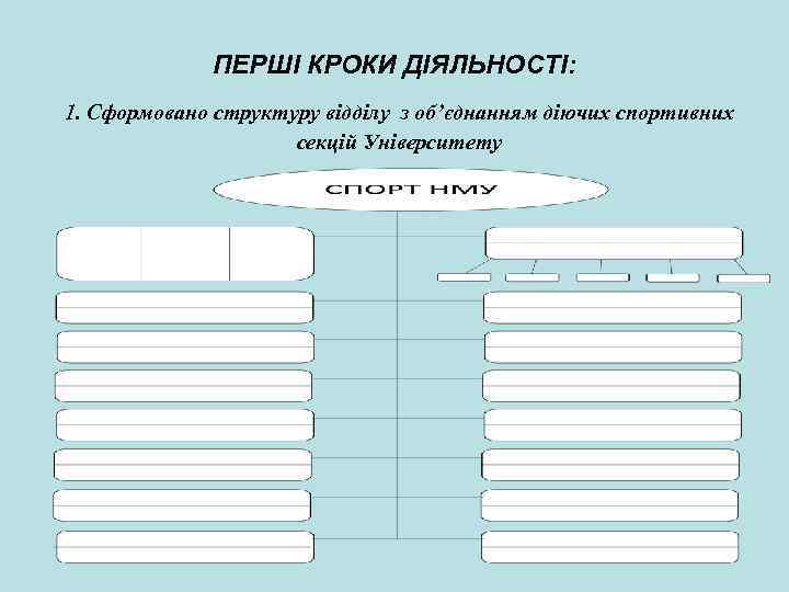 ПЕРШІ КРОКИ ДІЯЛЬНОСТІ: 1. Сформовано структуру відділу з об’єднанням діючих спортивних секцій Університету 