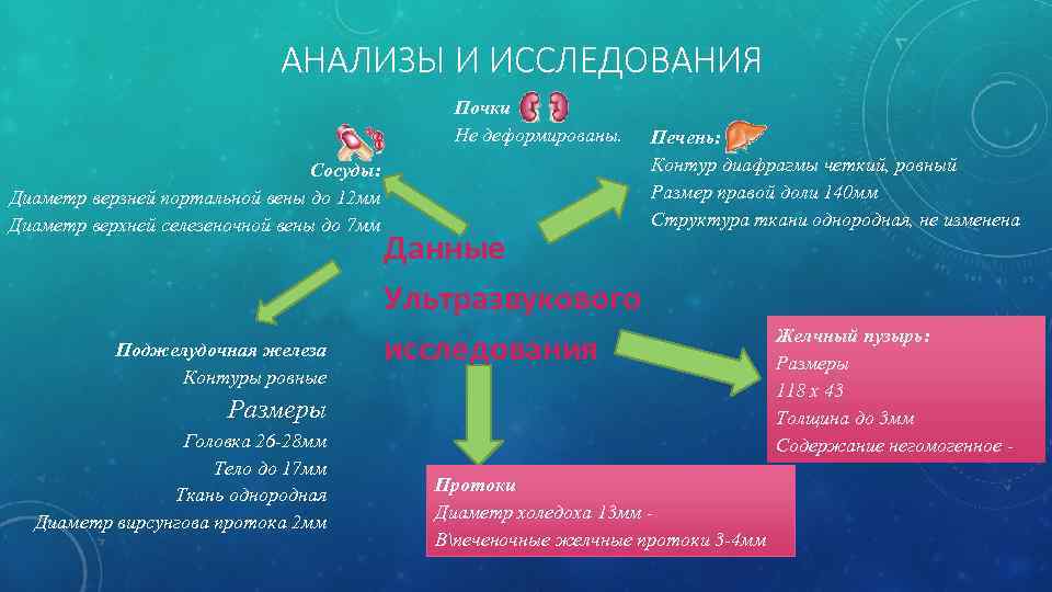 АНАЛИЗЫ И ИССЛЕДОВАНИЯ Сосуды: Диаметр верзней портальной вены до 12 мм Диаметр верхней селезеночной