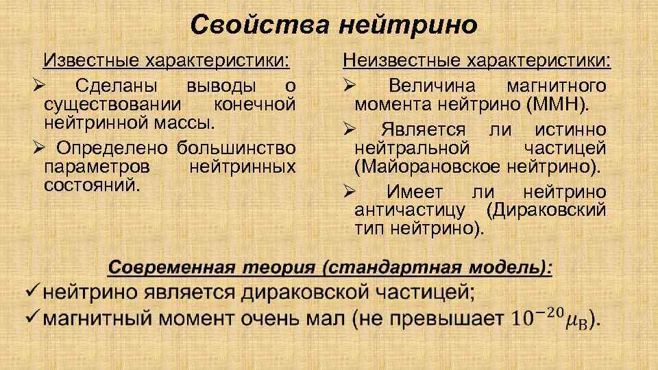 Свойства нейтрино Известные характеристики: Ø Сделаны выводы о существовании конечной нейтринной массы. Ø Определено