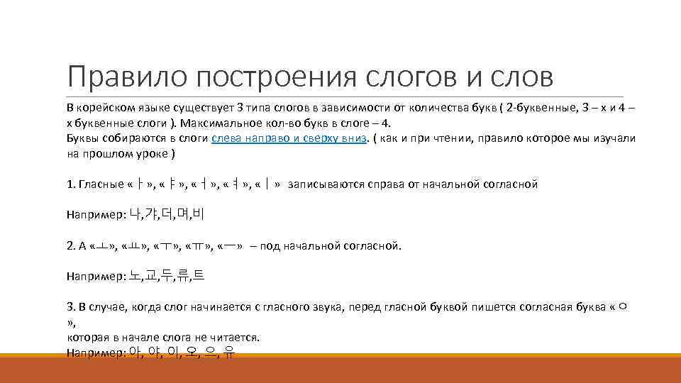 Правило построения слогов и слов В корейском языке существует 3 типа слогов в зависимости