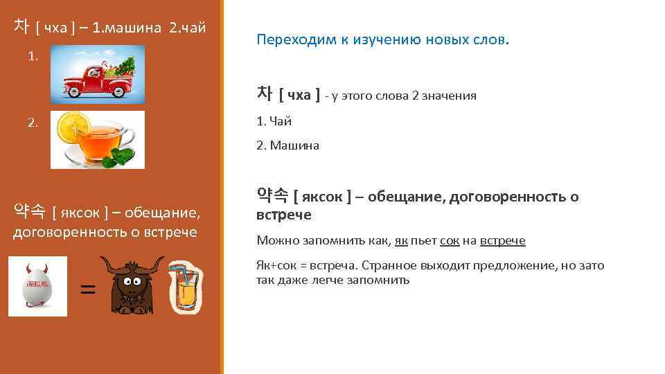 차 [ чха ] – 1. машина 2. чай 1. Переходим к изучению новых
