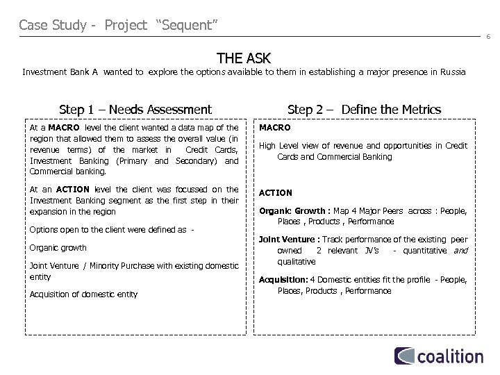 Case Study - Project “Sequent” 6 THE ASK Investment Bank A wanted to explore