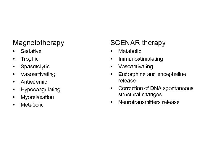 Magnetotherapy SCENAR therapy • • • Sedative Trophic Spasmolytic Vasoactivating Antiedemic Hypocoagulating Myorelaxation Metabolic