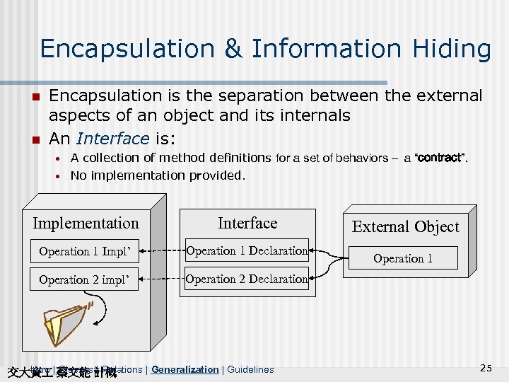 Encapsulation & Information Hiding n n Encapsulation is the separation between the external aspects