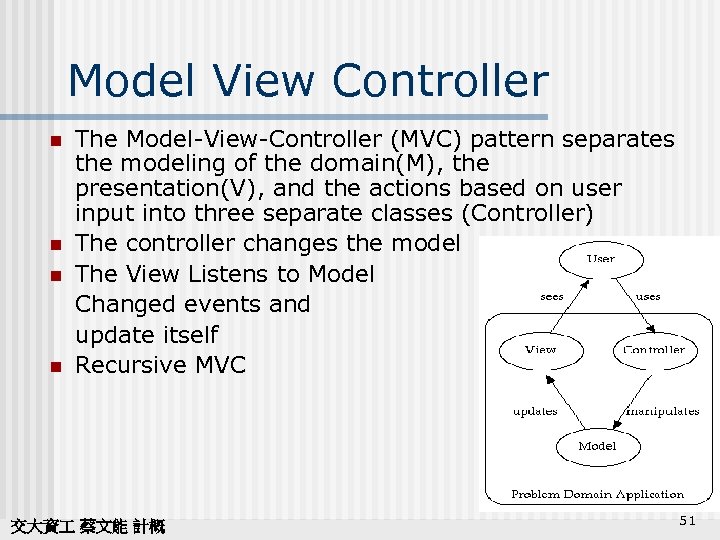 Model View Controller n n The Model-View-Controller (MVC) pattern separates the modeling of the