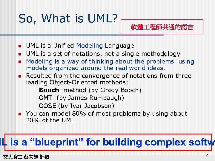 So, What is UML? n n n 軟體 程師共通的語言 UML is a Unified Modeling