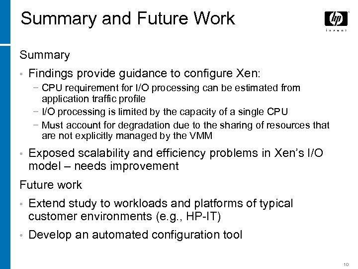 Summary and Future Work Summary • Findings provide guidance to configure Xen: − CPU