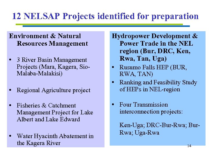 12 NELSAP Projects identified for preparation Environment & Natural Resources Management • 3 River