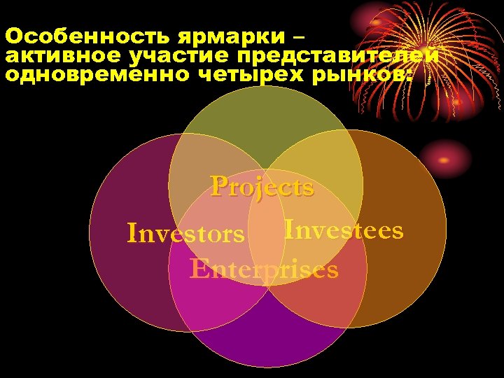 Особенность ярмарки – активное участие представителей одновременно четырех рынков: Projects Investors Investees Enterprises 