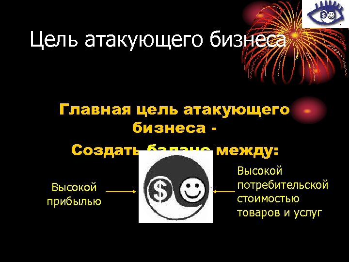 Цель атакующего бизнеса Главная цель атакующего бизнеса Создать баланс между: Высокой прибылью Высокой потребительской