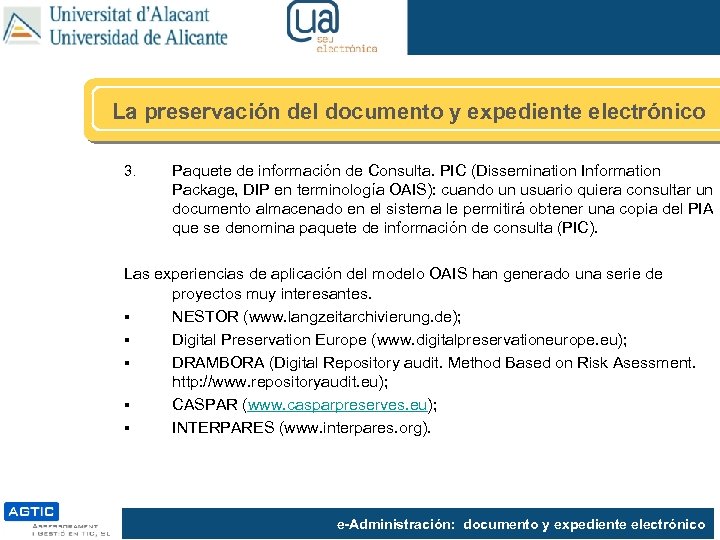 La preservación del documento y expediente electrónico 3. Paquete de información de Consulta. PIC