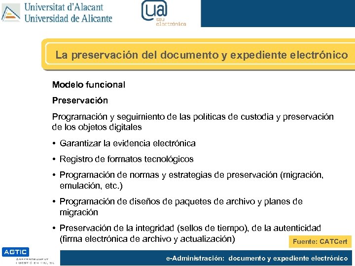 La preservación del documento y expediente electrónico Modelo funcional Preservación Programación y seguimiento de