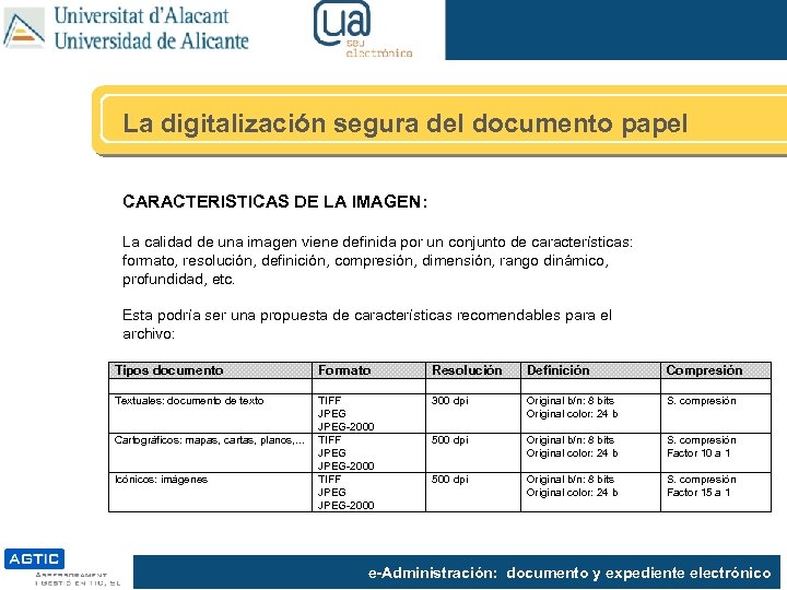 La digitalización segura del documento papel CARACTERISTICAS DE LA IMAGEN: La calidad de una