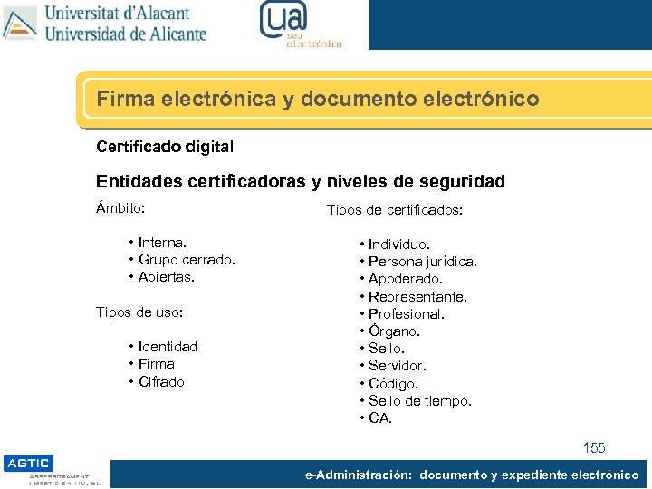 Firma electrónica y documento electrónico Certificado digital Entidades certificadoras y niveles de seguridad Ámbito: