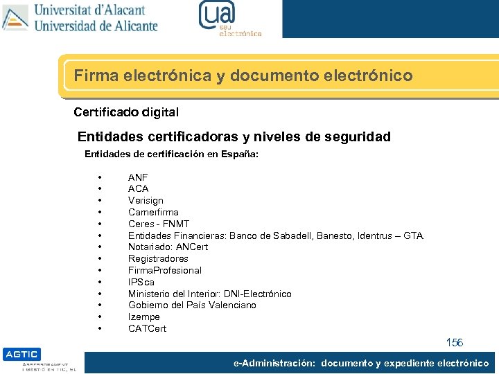 Firma electrónica y documento electrónico Certificado digital Entidades certificadoras y niveles de seguridad Entidades