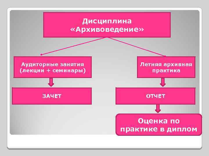 Дисциплина «Архивоведение» Аудиторные занятия (лекции + семинары) ЗАЧЕТ Летняя архивная практика ОТЧЕТ Оценка по