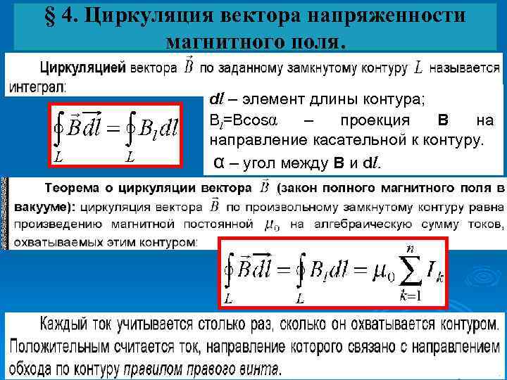 § 4. Циркуляция вектора напряженности магнитного поля. dl – элемент длины контура; Вl=Bcosα –