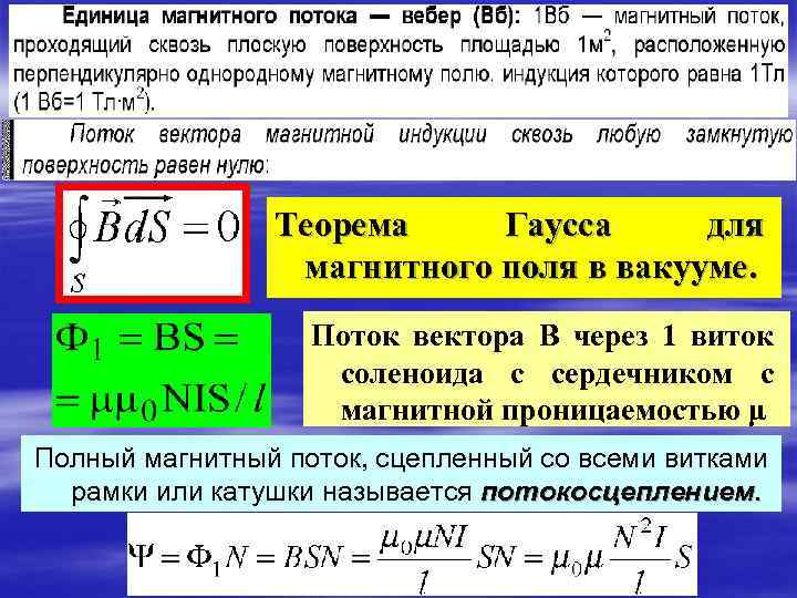 Теорема Гаусса для магнитного поля в вакууме. Поток вектора В через 1 виток соленоида