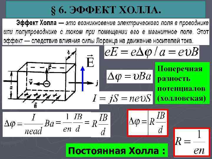 § 6. ЭФФЕКТ ХОЛЛА. Поперечная разность потенциалов (холловская) Постоянная Холла : 