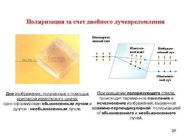 Поляризация за счет двойного лучепреломления Неполяризованный свет Известковый шпат Необыкновенный луч Обыкновенный луч При