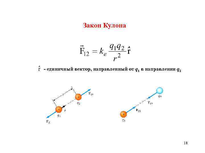 Закон Кулона - единичный вектор, направленный от q 1 в направлении q 2 18