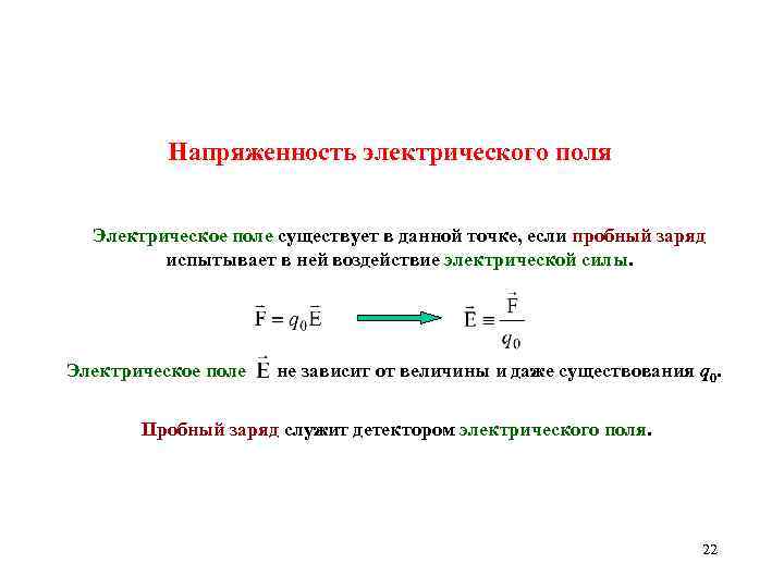 Напряженность электрического поля Электрическое поле существует в данной точке, если пробный заряд испытывает в