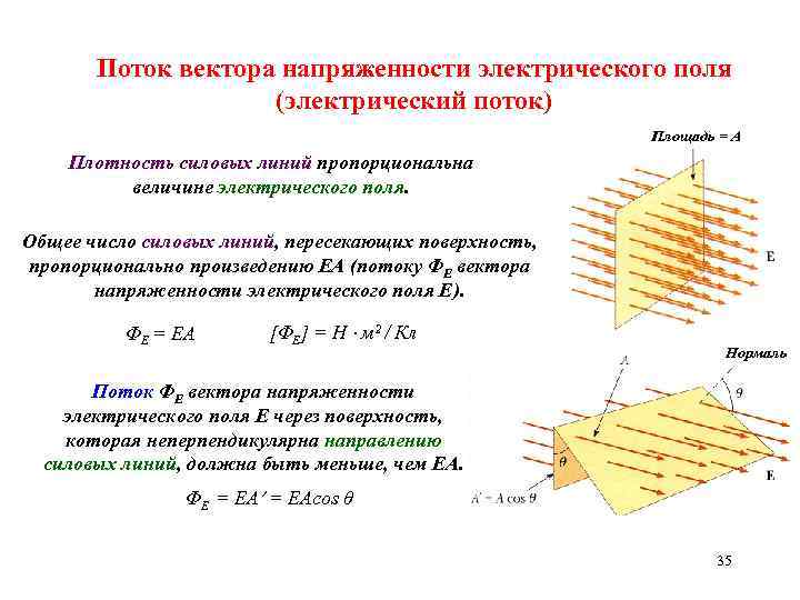 Поток вектора напряженности электрического поля (электрический поток) Площадь = А Плотность силовых линий пропорциональна