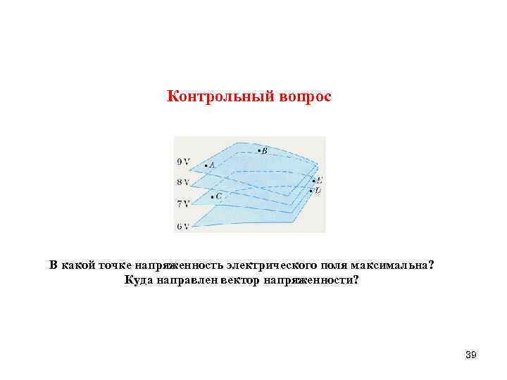 Контрольный вопрос В какой точке напряженность электрического поля максимальна? Куда направлен вектор напряженности? 39