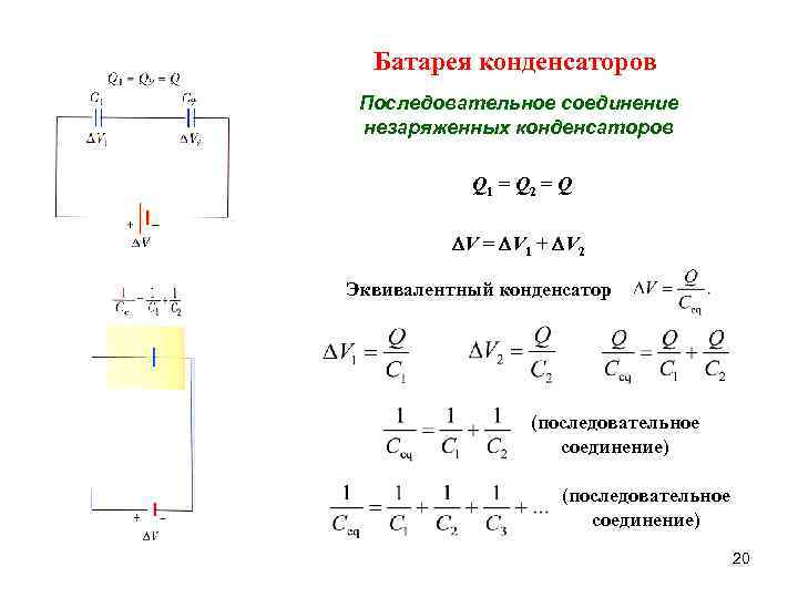 Батарея конденсаторов Последовательное соединение незаряженных конденсаторов Q 1 = Q 2 = Q V