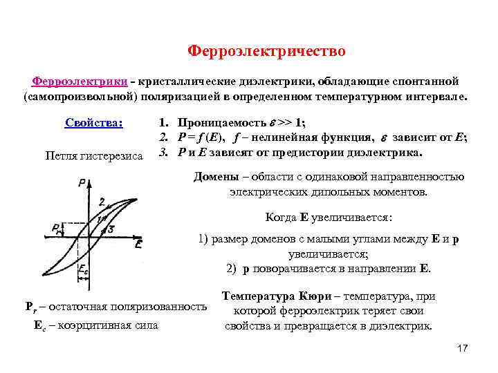 Ферроэлектричество Ферроэлектрики - кристаллические диэлектрики, обладающие спонтанной (самопроизвольной) поляризацией в определенном температурном интервале. Cвойства:
