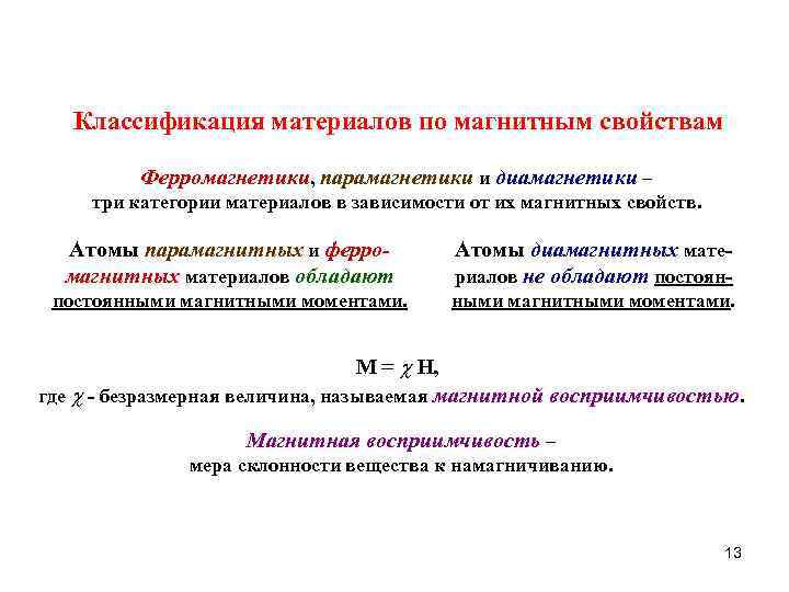 Классификация материалов по магнитным свойствам Ферромагнетики, парамагнетики и диамагнетики – три категории материалов в