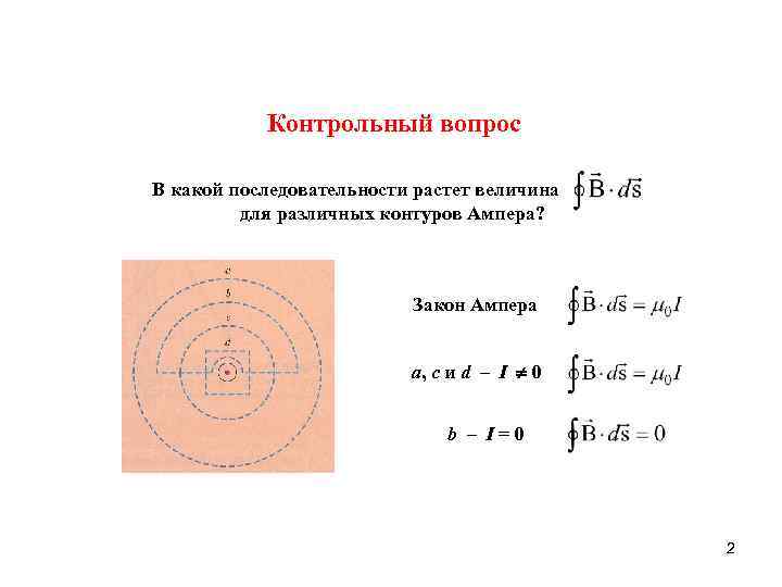 Контрольный вопрос В какой последовательности растет величина для различных контуров Ампера? Закон Ампера a,