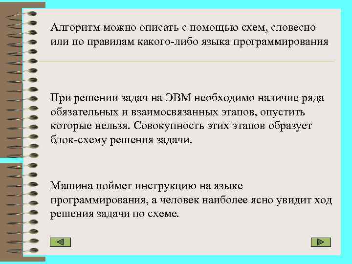 Алгоритм можно описать с помощью схем, словесно или по правилам какого-либо языка программирования. При