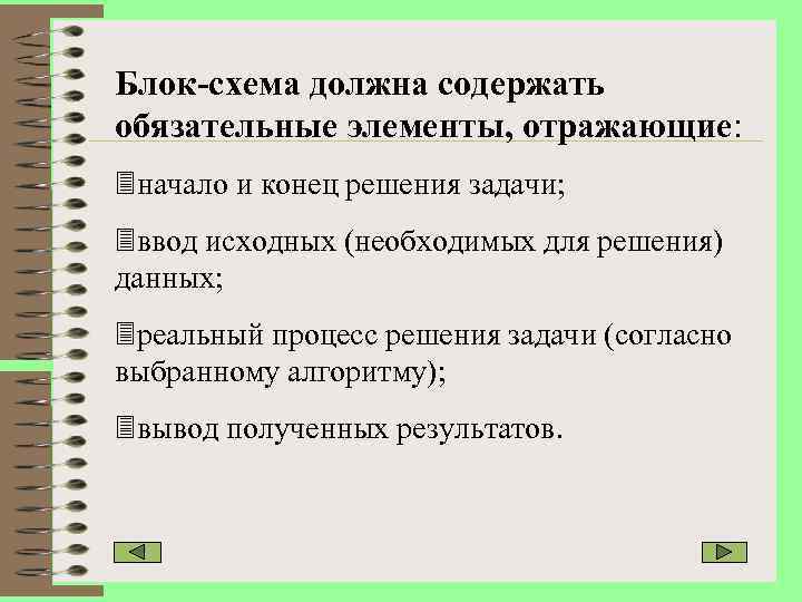 Блок-схема должна содержать обязательные элементы, отражающие: начало и конец решения задачи; ввод исходных (необходимых