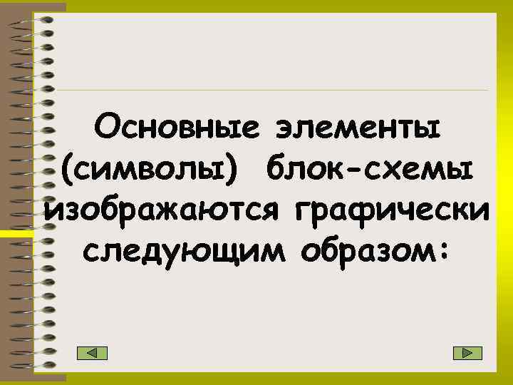 Основные элементы (символы) блок-схемы изображаются графически следующим образом: 