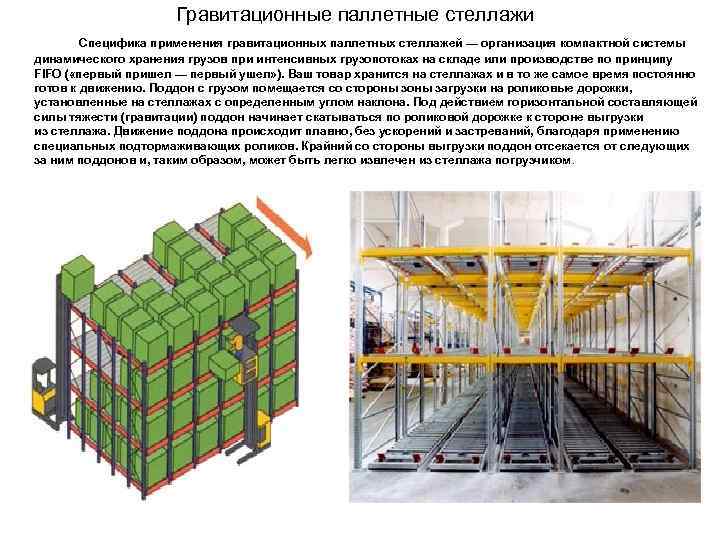 Гравитационные паллетные стеллажи Специфика применения гравитационных паллетных стеллажей — организация компактной системы динамического хранения